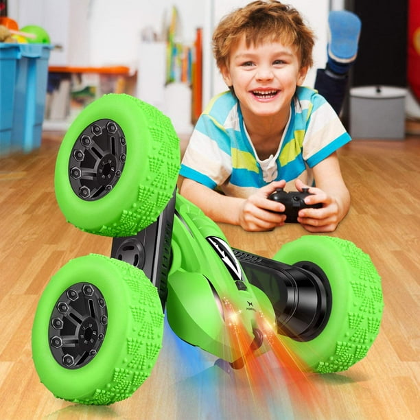 4WD 2.4 Ghz High Speed Electric RC Stunt Car 360° Double-Side Spinning & Tumbling Kids Toy Car for Boys and Girls Remote Control Car Green LED Headlight